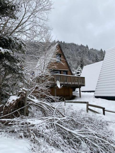 a snow covered house with a deck in a yard at Chalet du Lioran in Laveissière