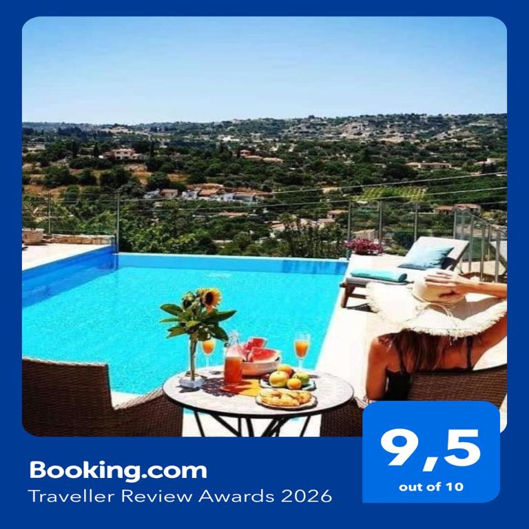 a view of a swimming pool with a table with food on it at Kalypso View Apartments in Letimbou