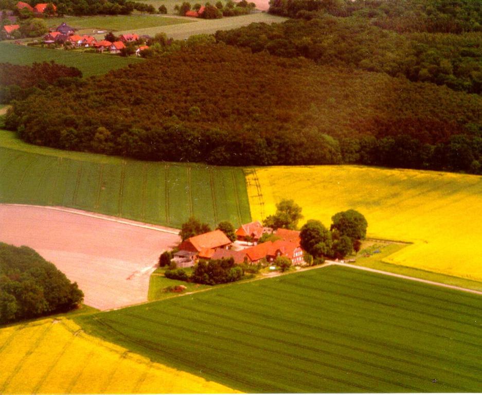 una vista aerea di una casa in un campo di Apartment Rothehof a Petershagen