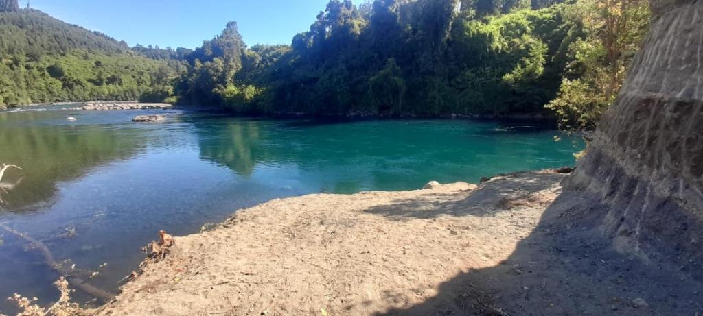 arial view of a river in a forest at cabaña los ulmos in Lago Ranco