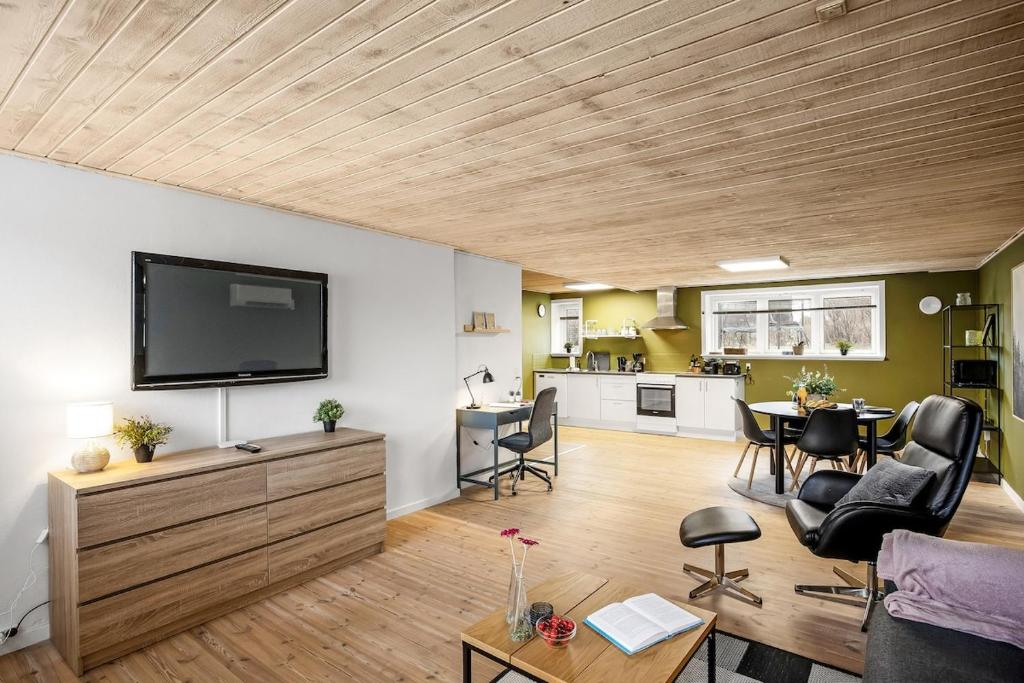 a living room with a television and a table at Fewo Vidstrup Hygge in Vidstrup