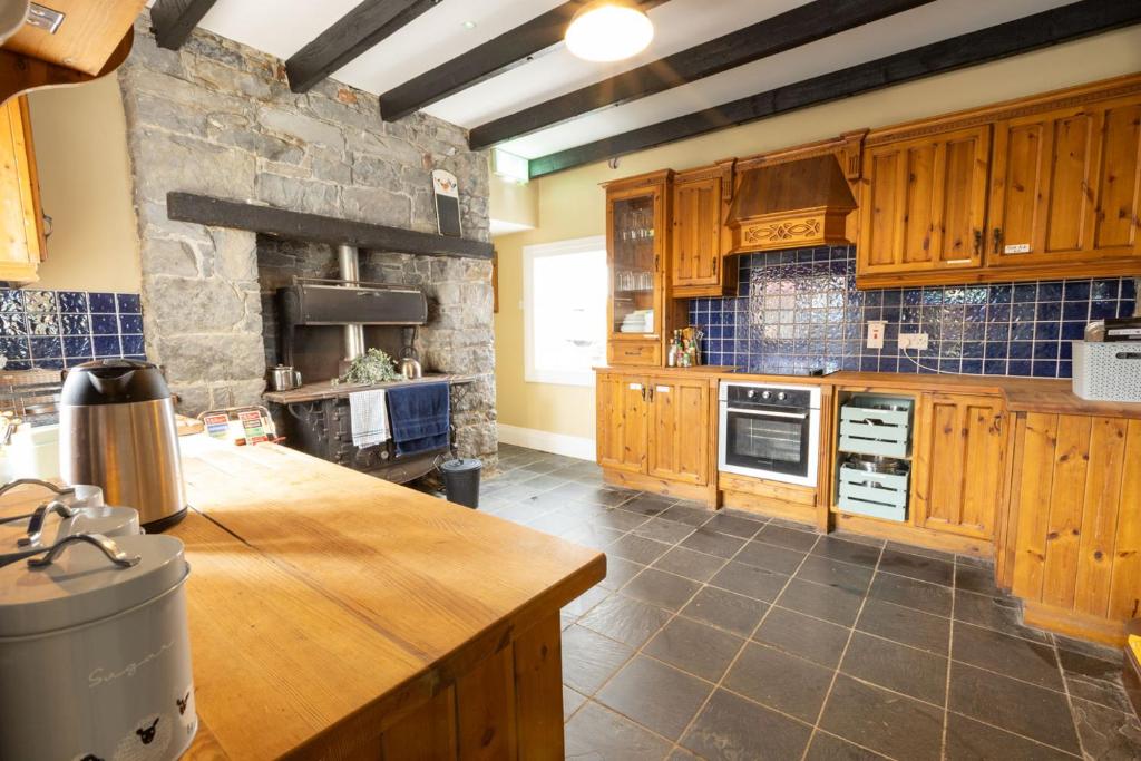 a kitchen with wooden cabinets and a stone wall at Making Tracks Hostel in Portlaoise