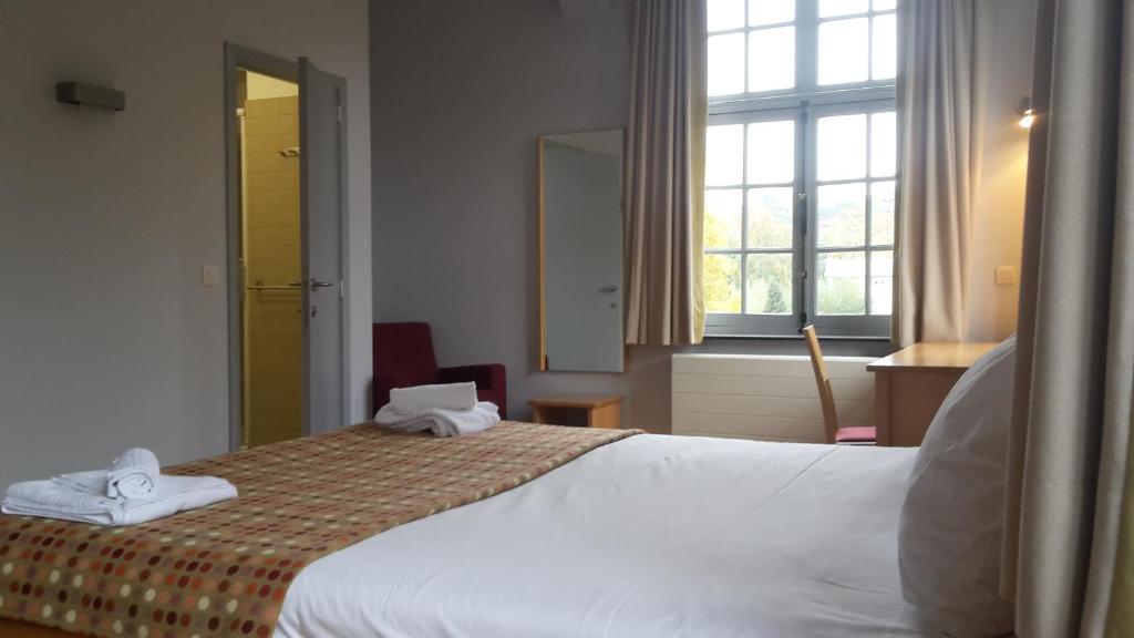 una camera d'albergo con letto e finestra di Irish College Leuven a Lovanio