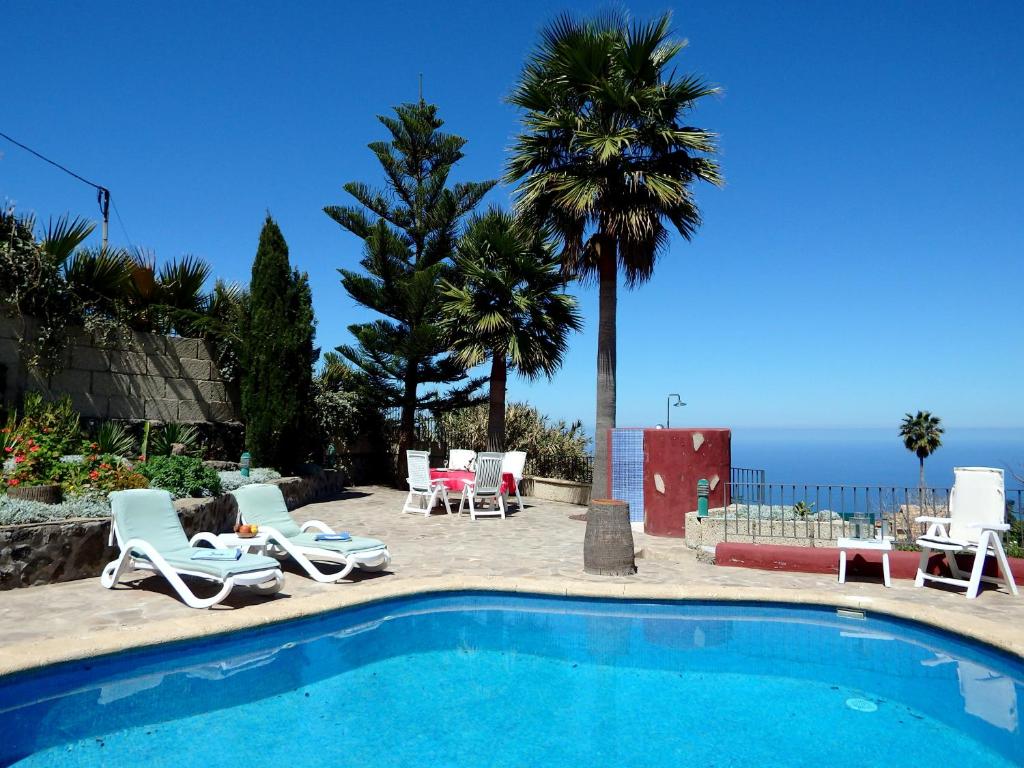 a swimming pool with chairs and a palm tree and the ocean at Finca La Chamusca in Icod de los Vinos