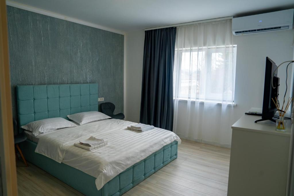a bedroom with a large bed and a window at Studio Vata in Vaţa de Jos