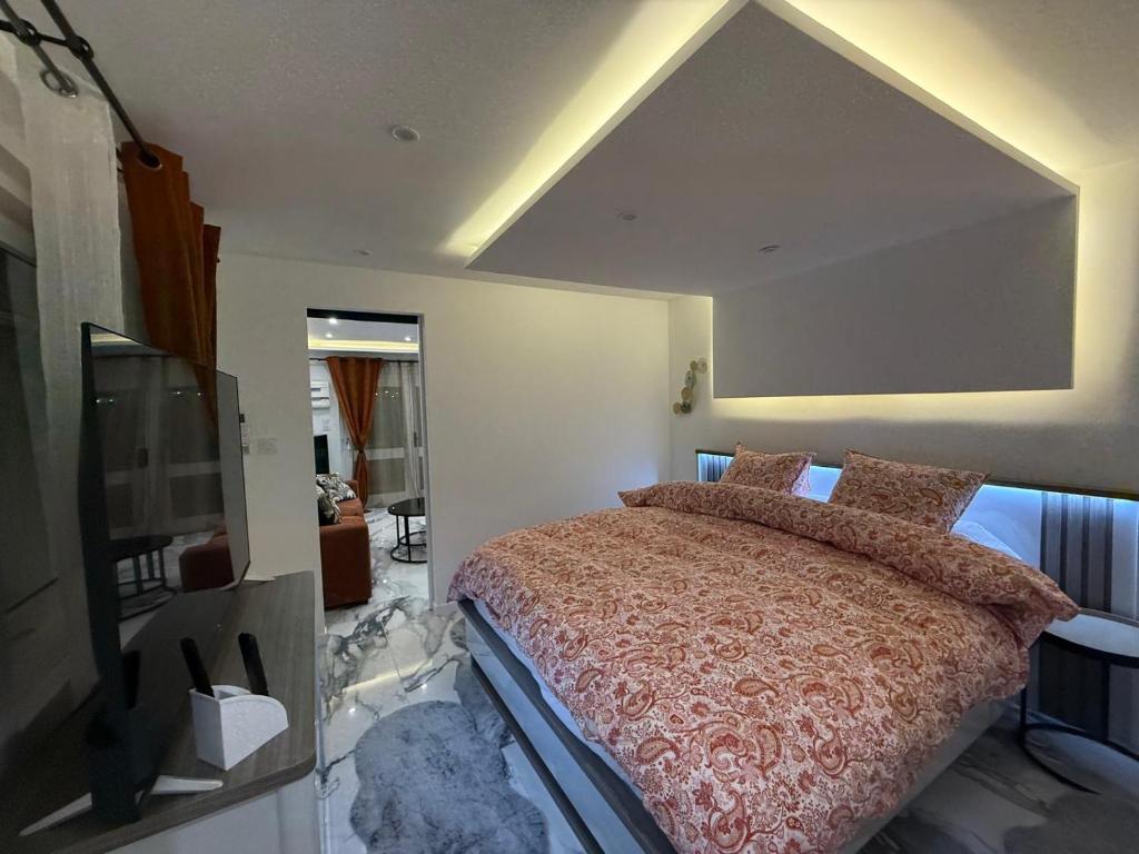 a bedroom with a large bed and a tv at Melrose Loft with master suite in Sanary-sur-Mer