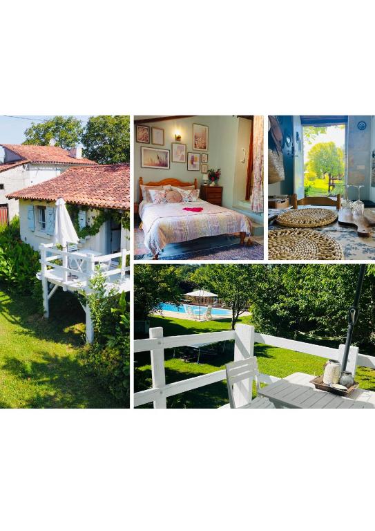 a collage of pictures of a bedroom and a house at La Colline de Tilleul - Les Deux Puits - Cosy Cottage with swimming pool near Aubeterre in Saint-Romain