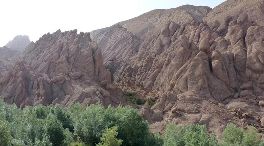 a rocky mountain with trees and bushes in the foreground at Red Rocks Guest House in Tamellalt