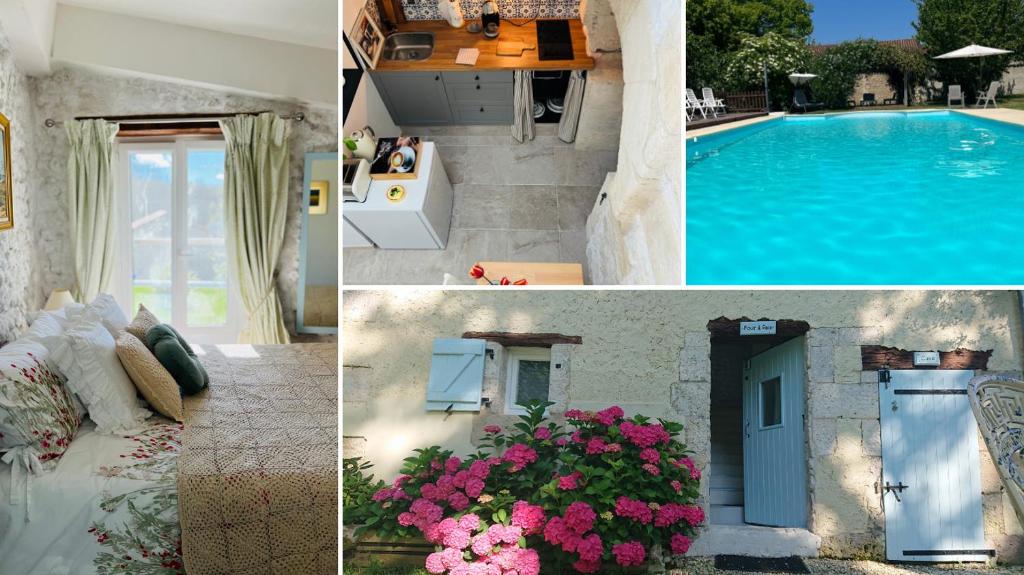 a collage of photos of a house and a swimming pool at Entire apartment with swimming pool near Aubeterre in Saint-Romain