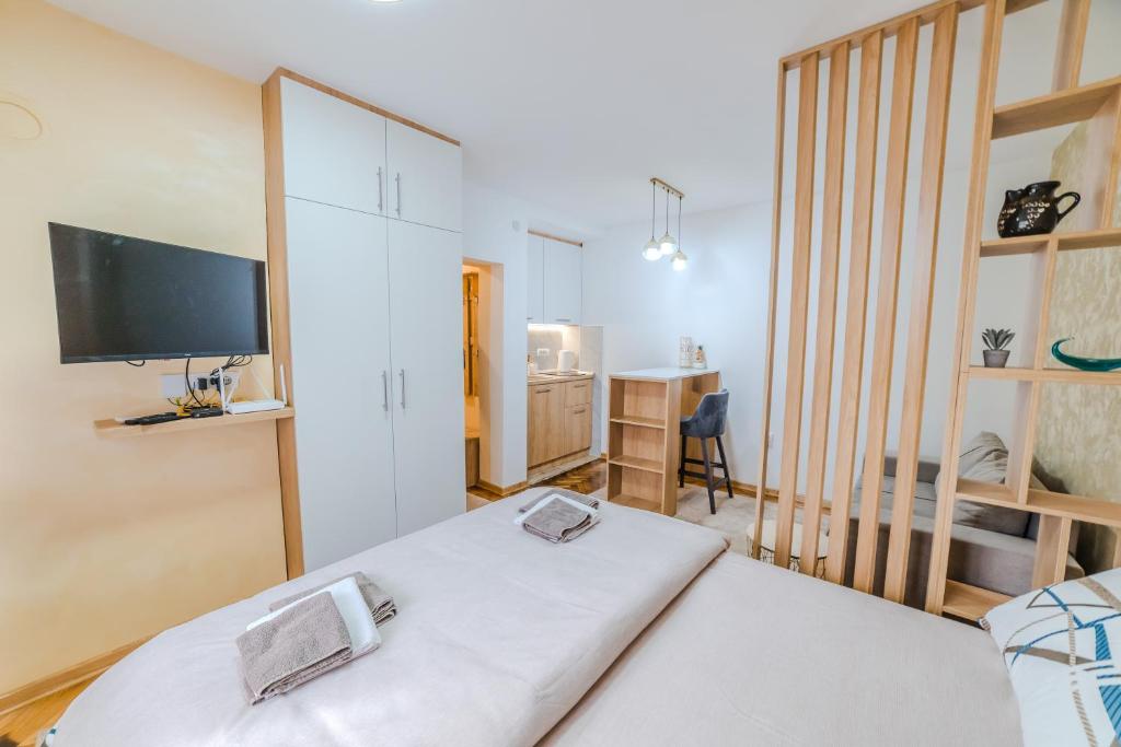 a hotel room with a bed and a tv at Studio H&M in Užice