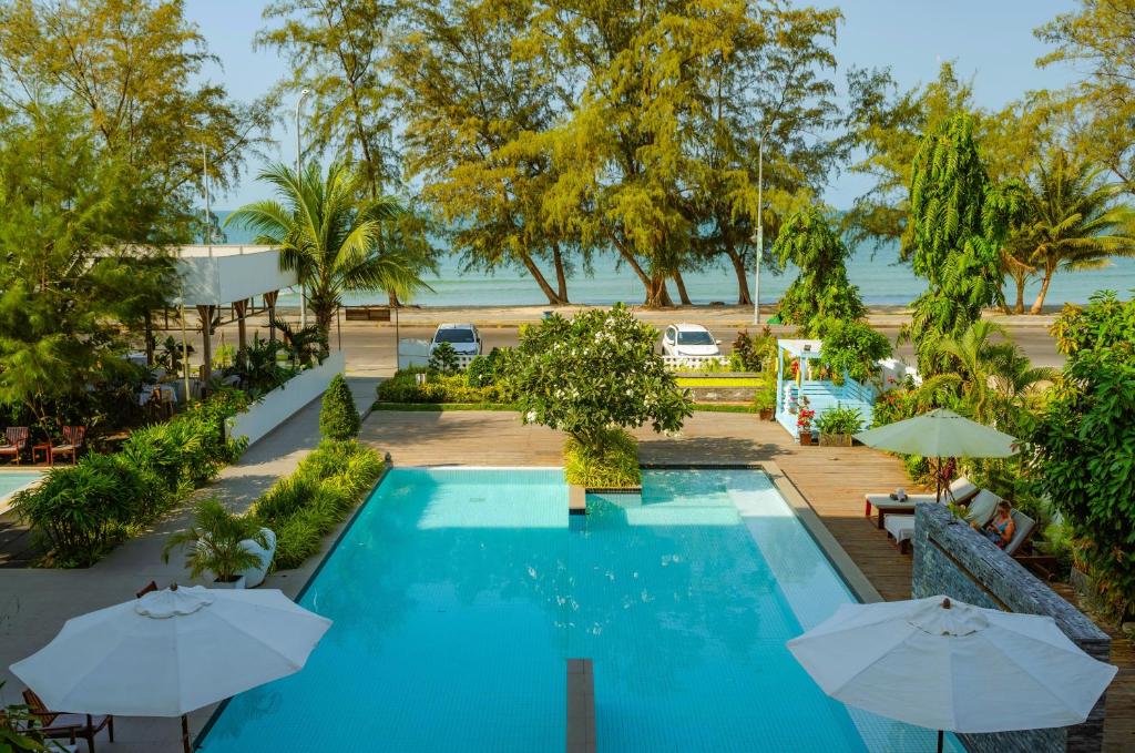 an overhead view of the pool at the resort at Naiya Sea Resort in Sihanoukville