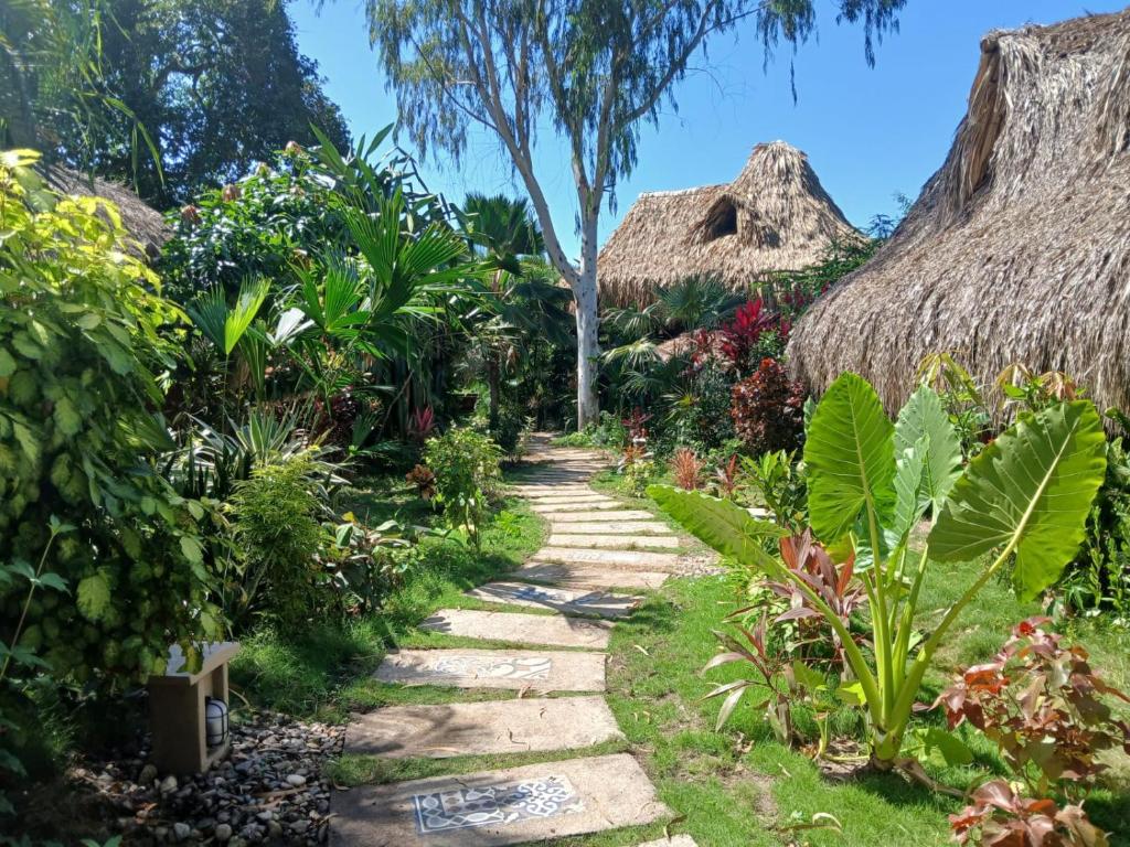 a path through a garden with grass huts at Sexto Sentido Cabañas & Pan Frances in Palomino