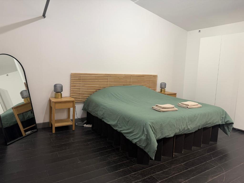 a bedroom with a bed with a green blanket and a mirror at Le Petit Sancerrois in Sancerre