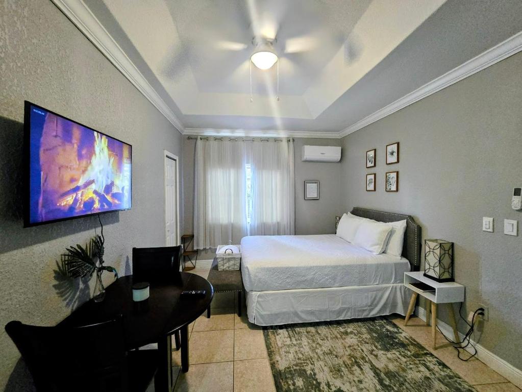 a bedroom with a bed and a desk and a tv at Cozy Green Apartment in Homestead