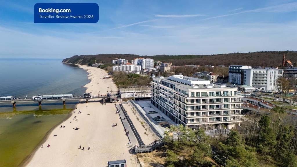 an aerial view of a beach and buildings at RJ Apartament Baltic Infinity Resort & Spa - free parking in Międzyzdroje
