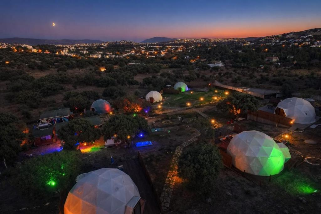 an overhead view of a group of tents at night at Bodrum Dome Suites in Bodrum City