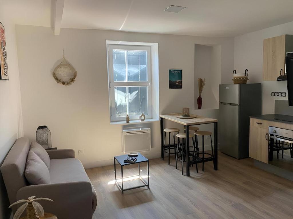 a living room with a couch and a kitchen at Charmant T2 cosy à Mazamet in Mazamet