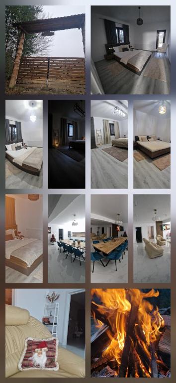a collage of pictures of a room with a bed and a fire at La Olivia în Pădure in Tihuţa