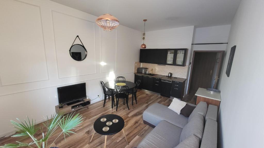 a living room with a couch and a table and a kitchen at Pelican - Czarny Dwór A in Zaspa