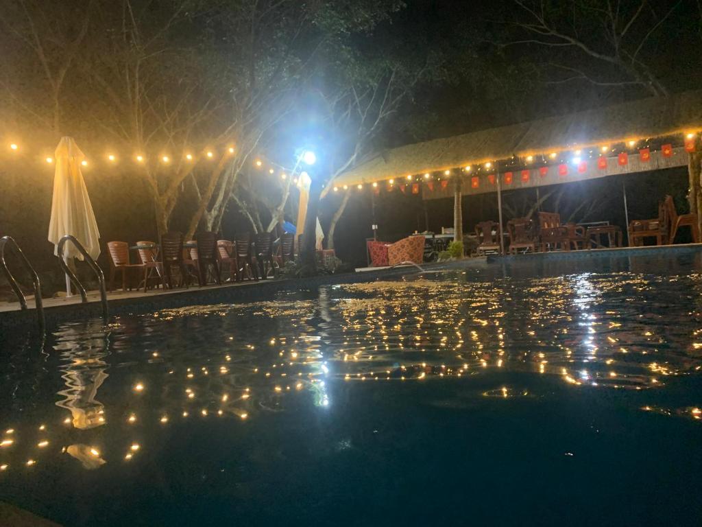 a swimming pool at night with lights at Trang An Mountain Ecologe in Xuân Sơn