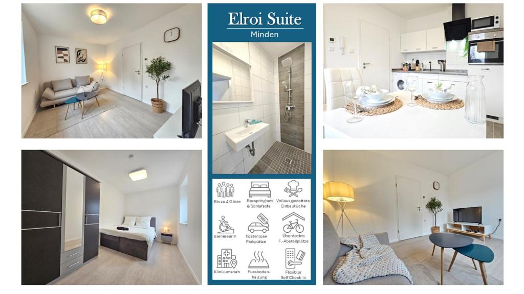 a collage of photos of a living room and a kitchen at Elroi Suite in Minden