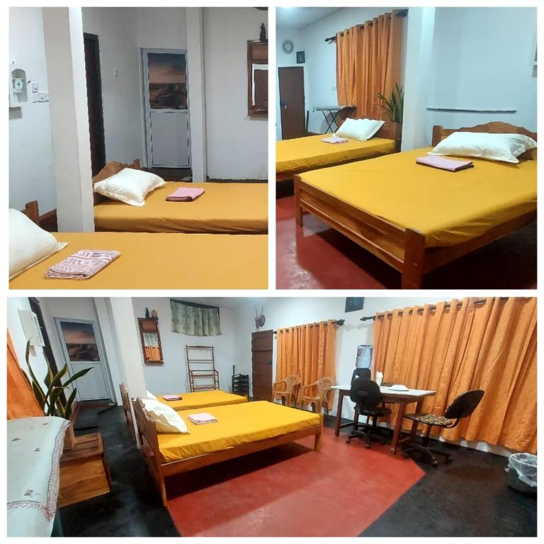 three pictures of a room with two beds and a desk at Bird Nest Homestay in Jaffna