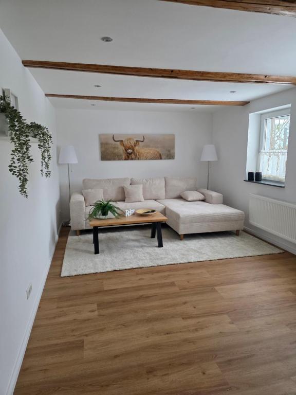 a living room with a couch and a table at Unter den Balken - mit Ofen & Ruhe Keine Monteure! in Nörten-Hardenberg