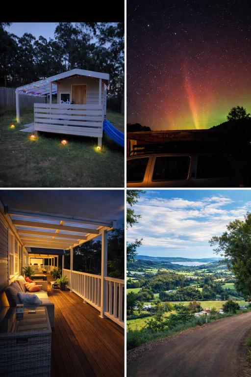 a collage of three pictures of a house with a rainbow at Jo’s Farmhouse B&B in Geeveston