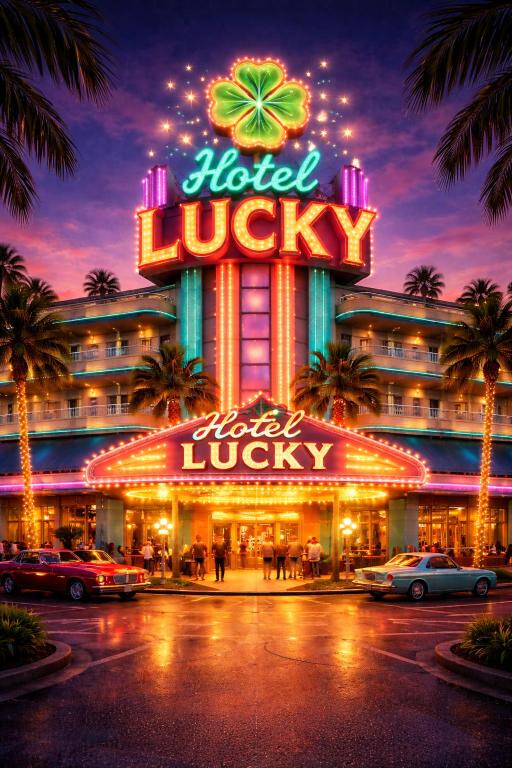 a hotel lobby with a neon sign at night at lucky hotel in Chandīgarh