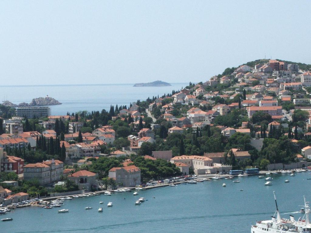 a view of a city with boats in the water at Apartments Dubrovnik Lapad in Dubrovnik