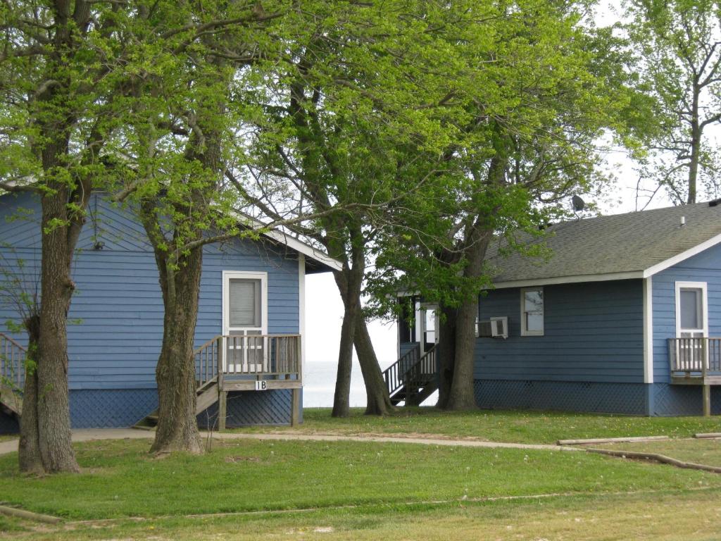 una casa azul con árboles delante de ella en Virginia Landing Camping Resort Cabin 17, en Quinby