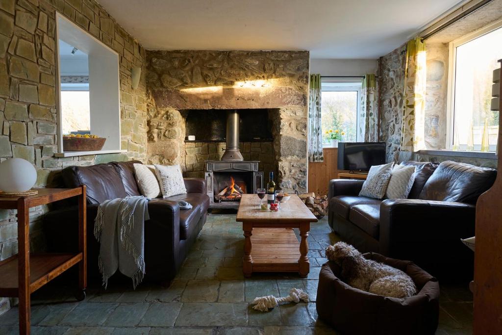 a living room with leather couches and a fireplace at Golan - Ukc4677 in Clynnog-fawr