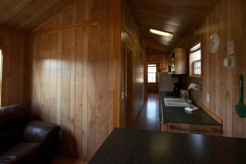 a kitchen with wooden walls and a table in a room at Arrowhead Camping Resort Deluxe Cabin 14 in Douglas Center