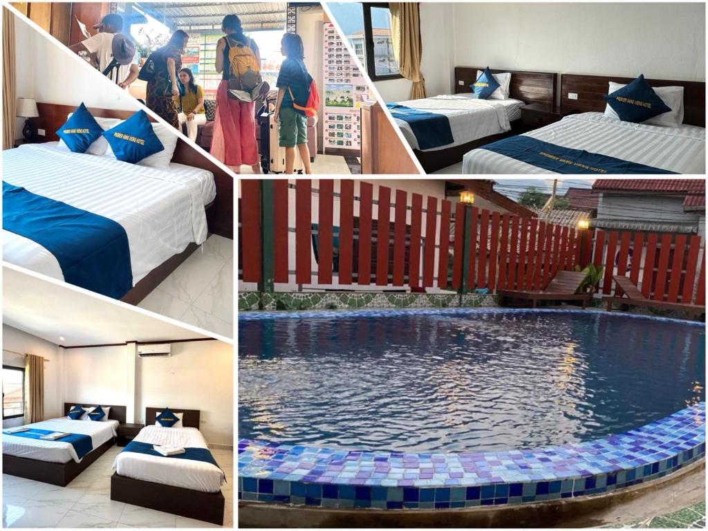 a collage of pictures of a hotel room with a swimming pool at BON Premier Boutique Hotel in Vang Vieng