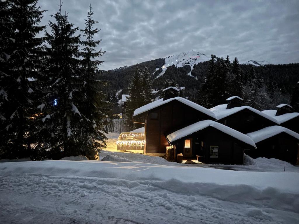 a building covered in snow with a mountain in the background at Le Chalet de Nabor in Les Gets