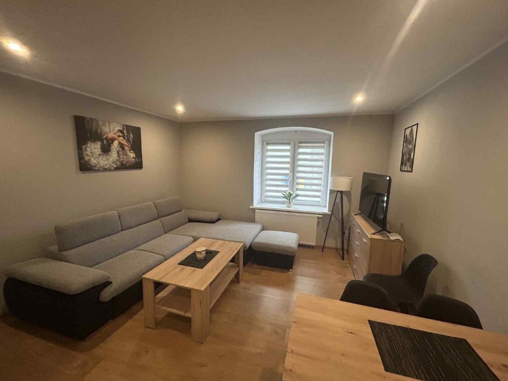 a living room with a couch and a table at Apartament u Wojtusia in Stronie Śląskie