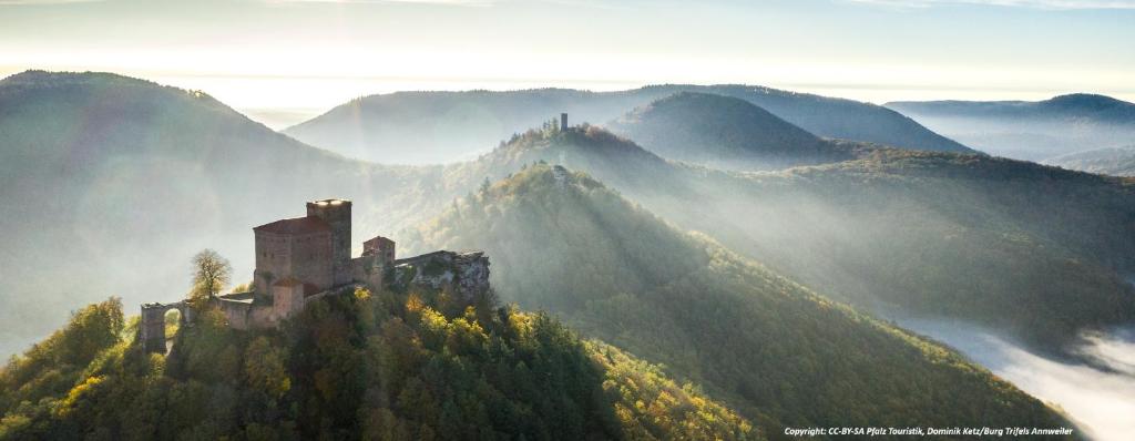 a castle on top of a mountain in the mist at Pfalzliebe in Rinnthal