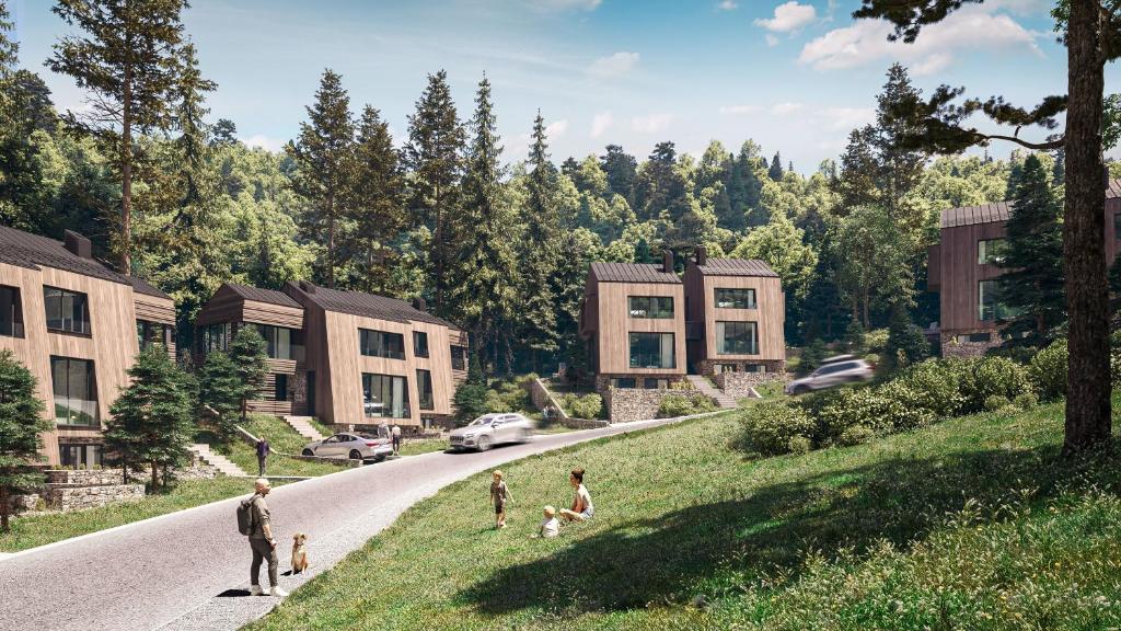 a rendering of a house with people walking down a road at Mountain Retreat by Dukley in Kolašin