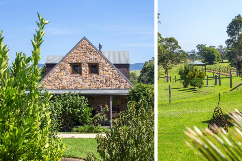 two images of a house with a grassy field at Stone Cottage - vineyard estate w. fireplace in Milton