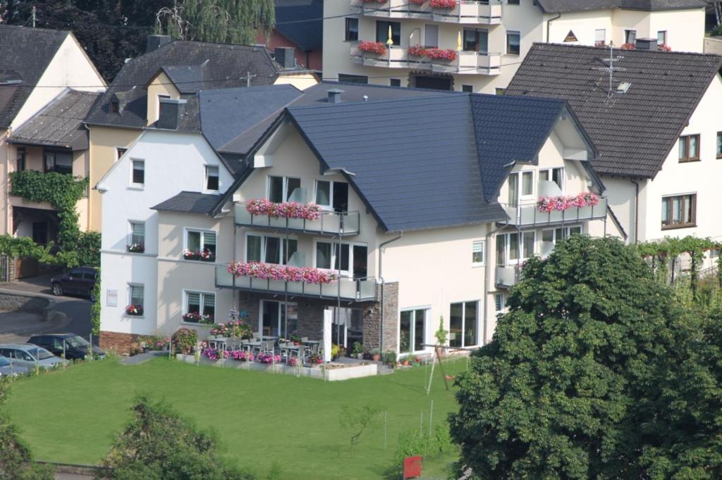 an aerial view of a house with a green yard at Weinbergs Loge in Ernst