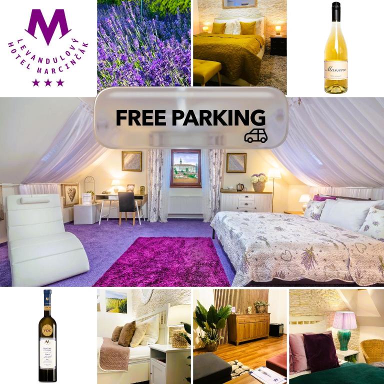 a collage of pictures of a room with a bed and a bottle of wine at Hotel Marcincak*** in Mikulov