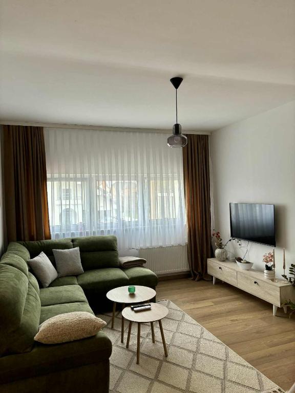 a living room with a green couch and a table at Apartman Lukas in Županja