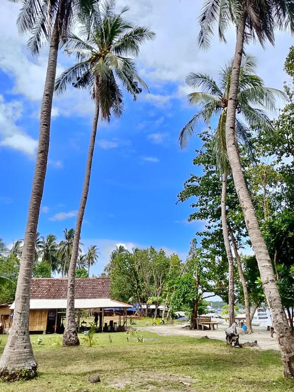 a group of palm trees in front of a building at Amera Beach in Karimunjawa