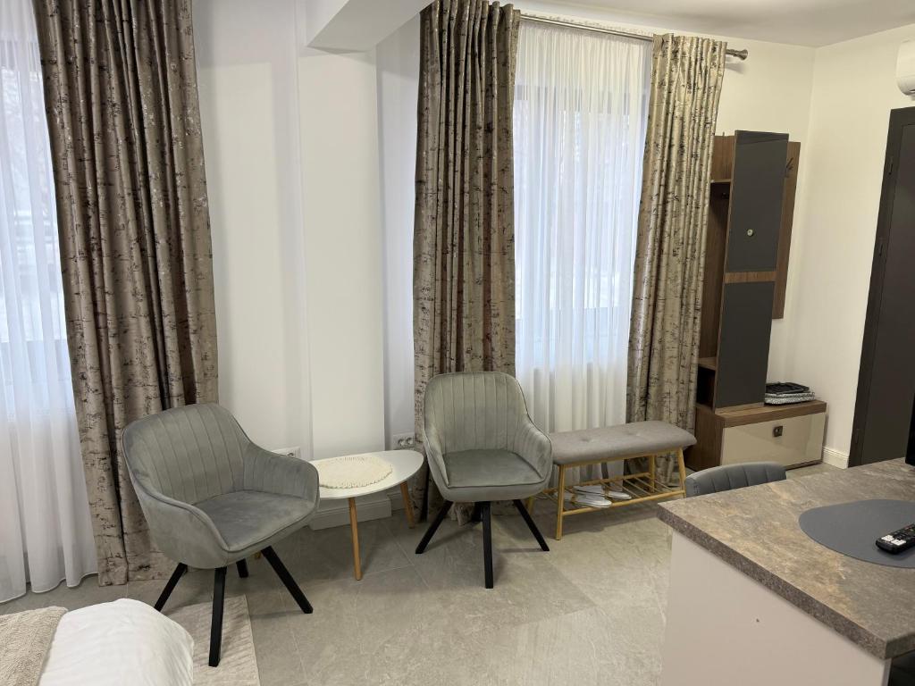 a hotel room with two chairs and a table at visitor's house 2 in Rădăuţi