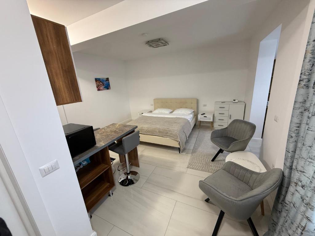 a bedroom with a bed and a desk and a chair at visitor's house 3 in Rădăuţi