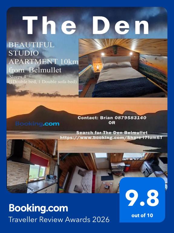 a flyer for a hotel room with a bed at "The Den" Belmullet in Belmullet