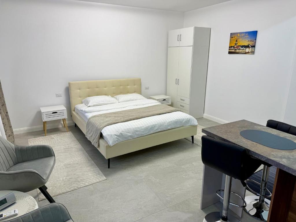 a bedroom with a bed and a desk and a chair at visitor's house 4 in Rădăuţi