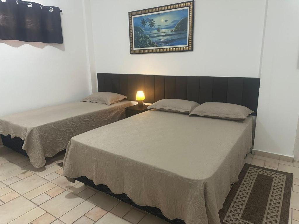 two beds in a room with a picture on the wall at Kitnet no interior de São Paulo 25 in Serra Negra