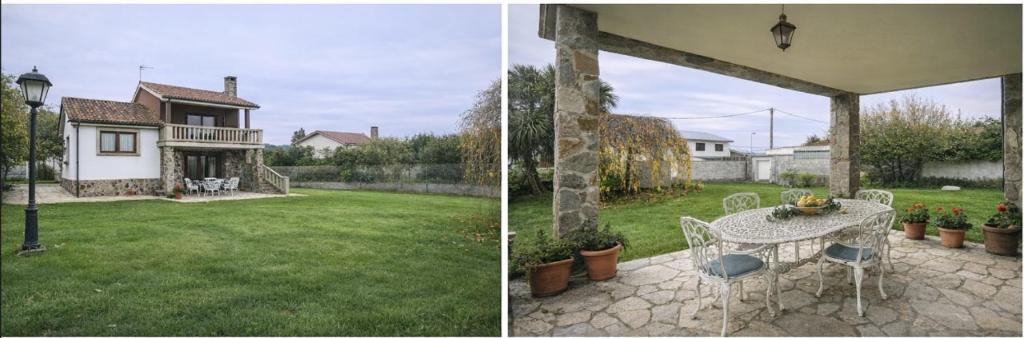 two pictures of a yard with a table and a house at Villa Lestedo in Lestedo