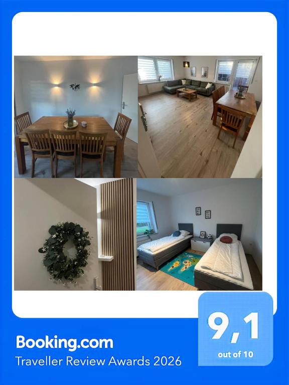 two pictures of a living room and a dining room at Ferienhaus Küstenbär Burhave in Burhave
